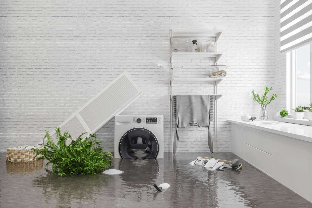 A flooded home around a washing machine.